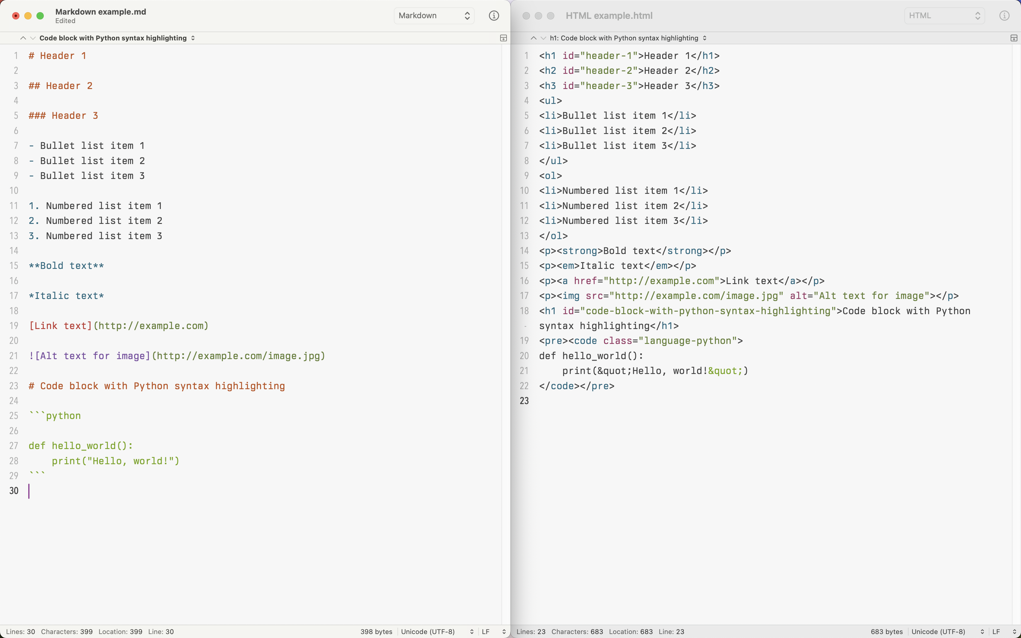 Screenshot showing a comparison between Markdown syntax on the left and the corresponding HTML code on the right.